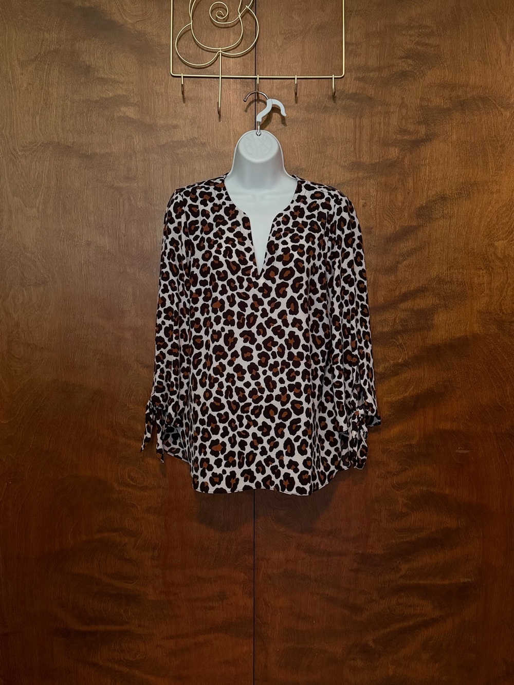 Michael Kors Tie Sleeve Fall Animal Print Blouse Womens M White Brown Black NWT